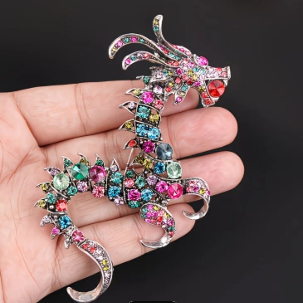 🆕️🐉MULTI COLOURED RHINESTONE CRYSTAL DRAGON BROOCH PIN🐉